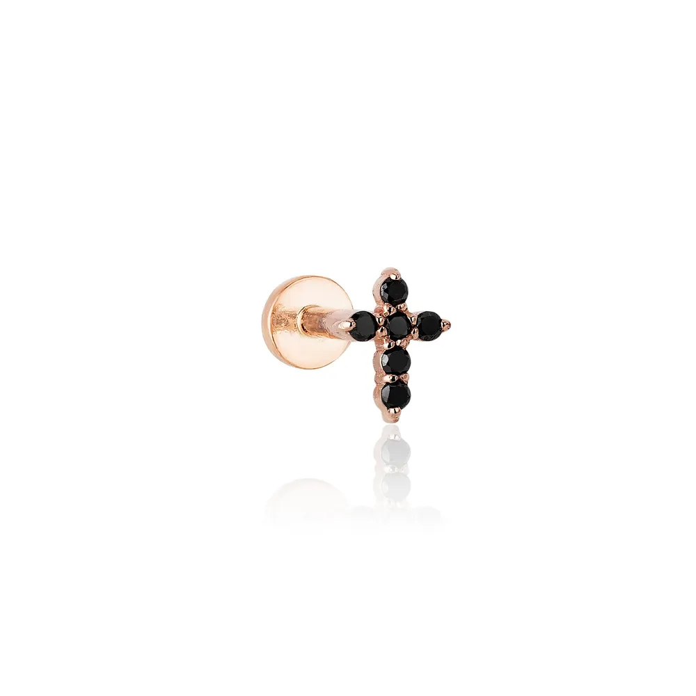 14k Gold Black Cz or Diamond Tragus Helix Cross Internally Threaded Flat Back Earring Labret