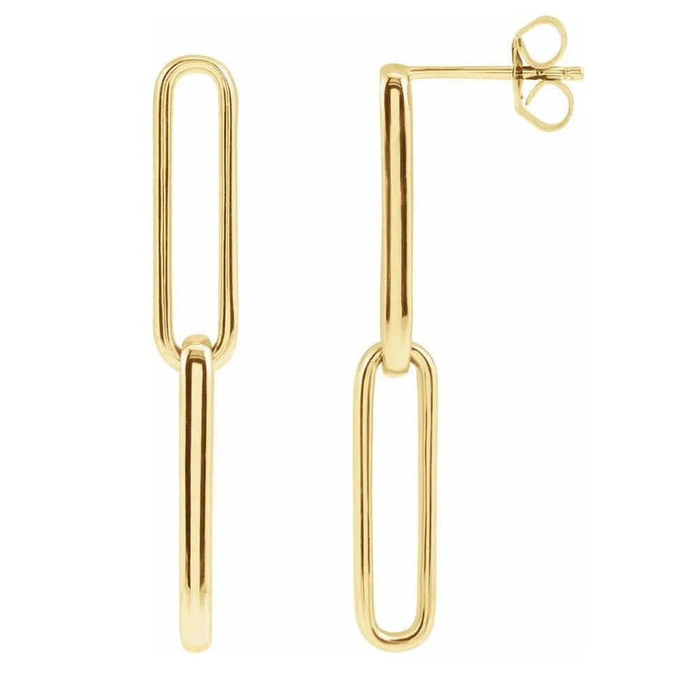 14K Yellow Gold Elongated Flat Link Dangle Post Earrings, 5 x 34mm