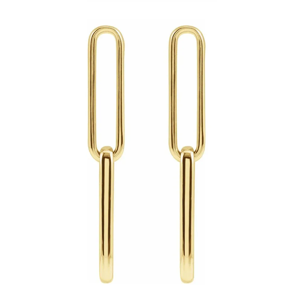 14K Yellow Gold Elongated Flat Link Dangle Post Earrings, 5 x 34mm