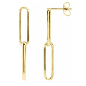 14K Yellow Gold Elongated Flat Link Dangle Post Earrings, 5 x 34mm