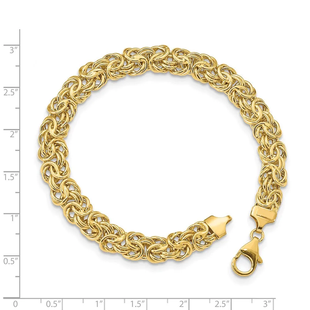 7.75mm 14K Yellow Gold Hollow Flat Byzantine Chain Bracelet, 8 Inch