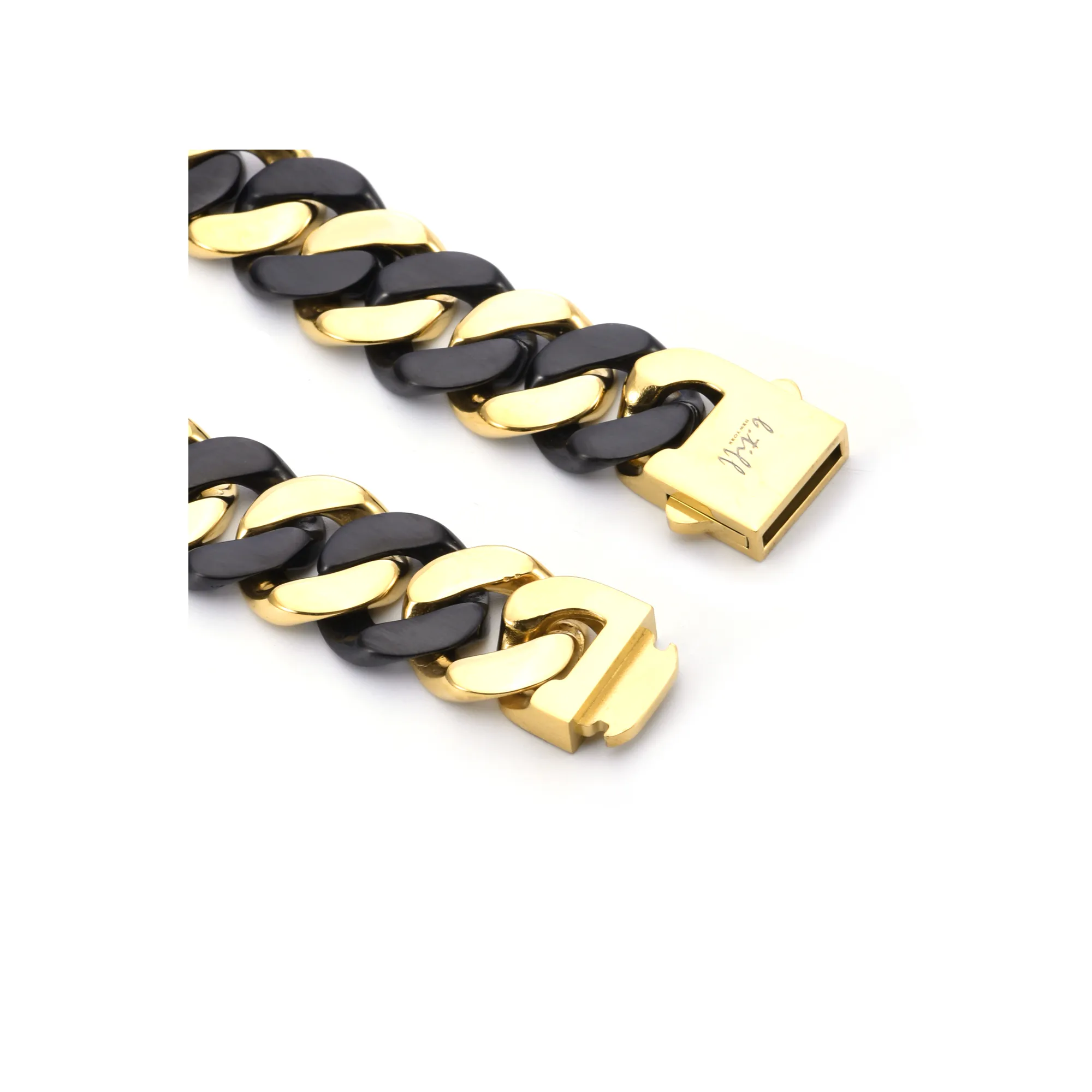 BG160BG B.Tiff Black Anodized & Gold Plated Flat Cuban Link Stainless Steel Bracelet