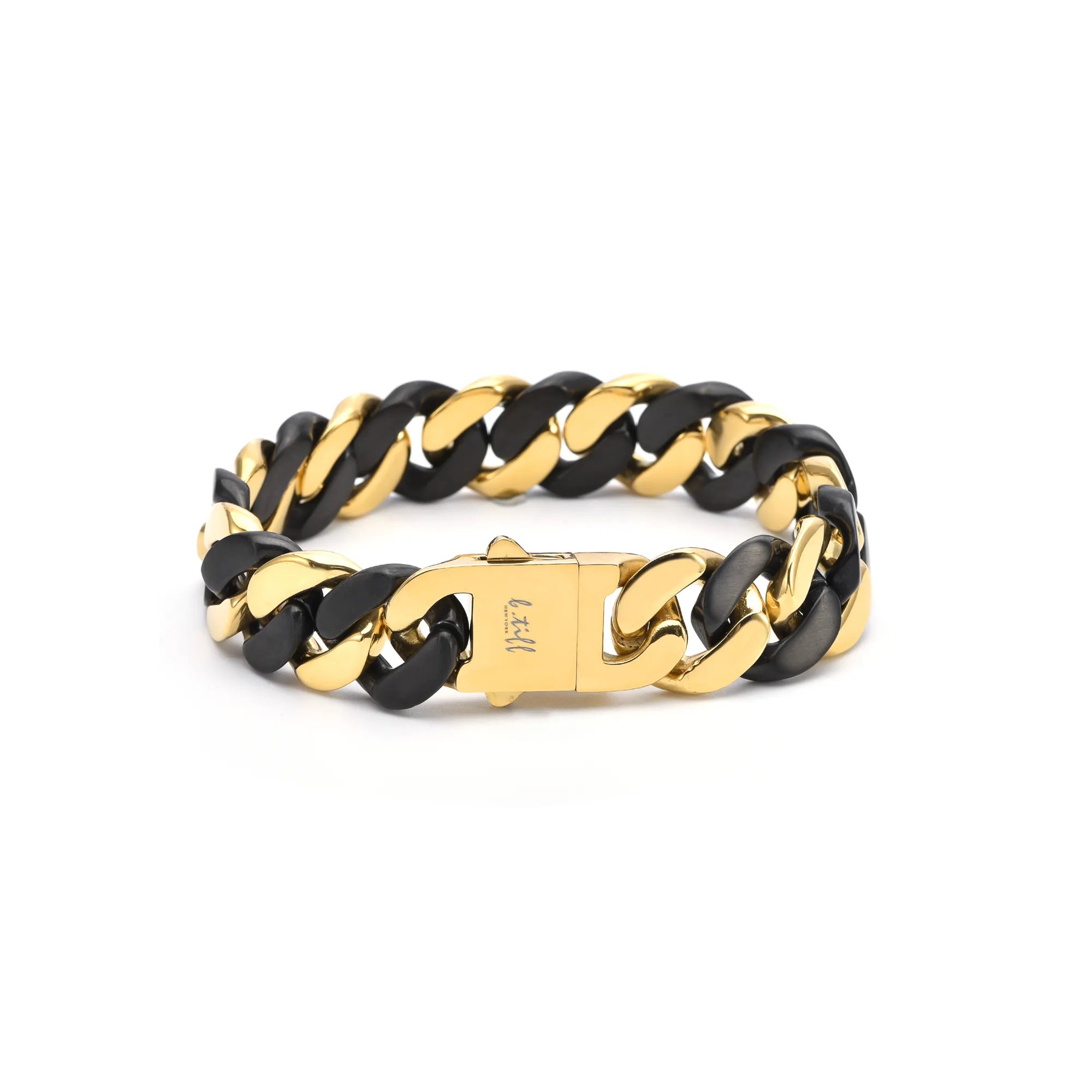 BG160BG B.Tiff Black Anodized & Gold Plated Flat Cuban Link Stainless Steel Bracelet