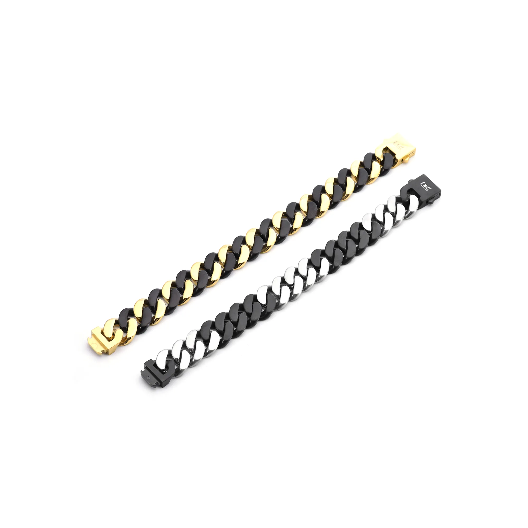 BG160BG B.Tiff Black Anodized & Gold Plated Flat Cuban Link Stainless Steel Bracelet