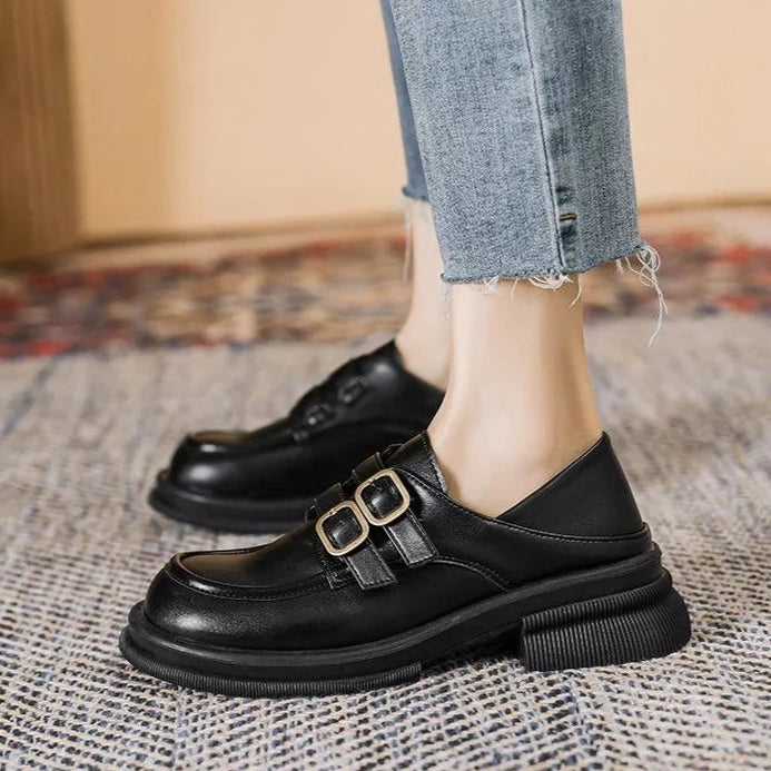 Black Loafers: CS535-2 Women's Casual Shoes with Mid-Heel