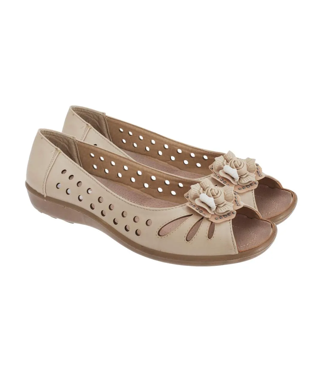 Boulevard Womens/Ladies Punched Open Toe Flower Casual Shoes (Beige) - UTDF445