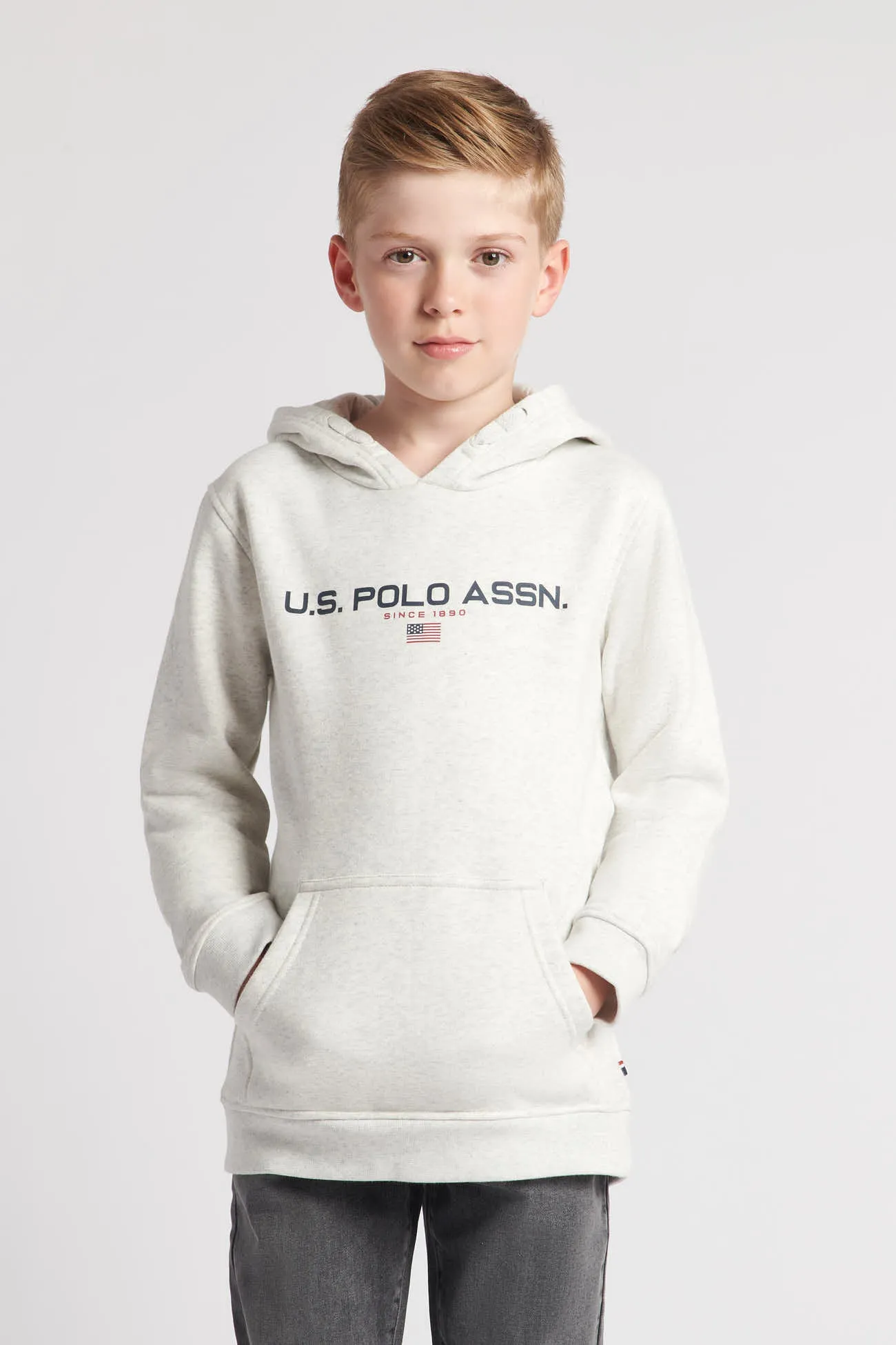 Boys Block Flag Graphic Hoodie in Light Grey Marl