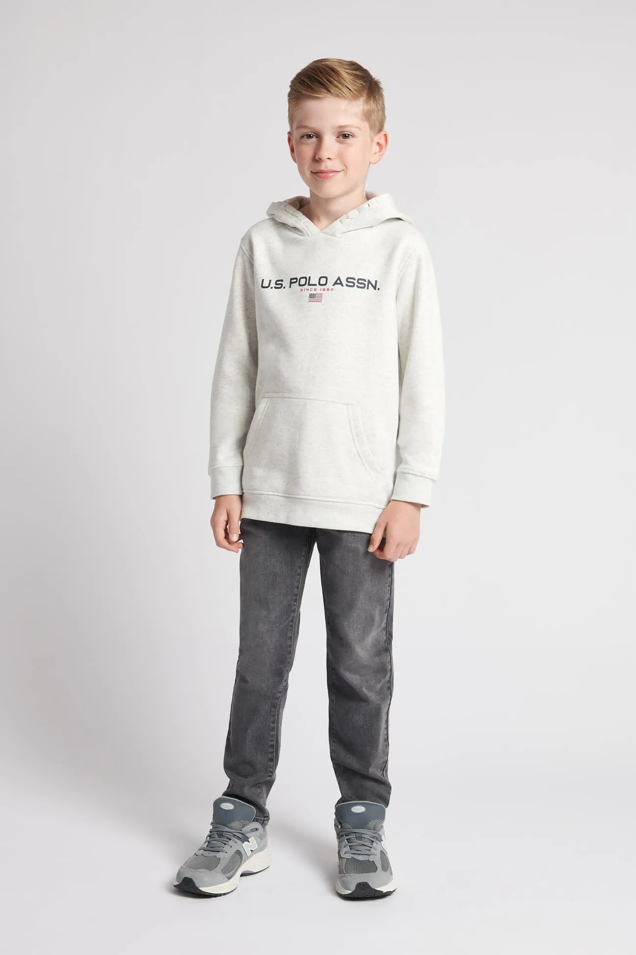 Boys Block Flag Graphic Hoodie in Light Grey Marl