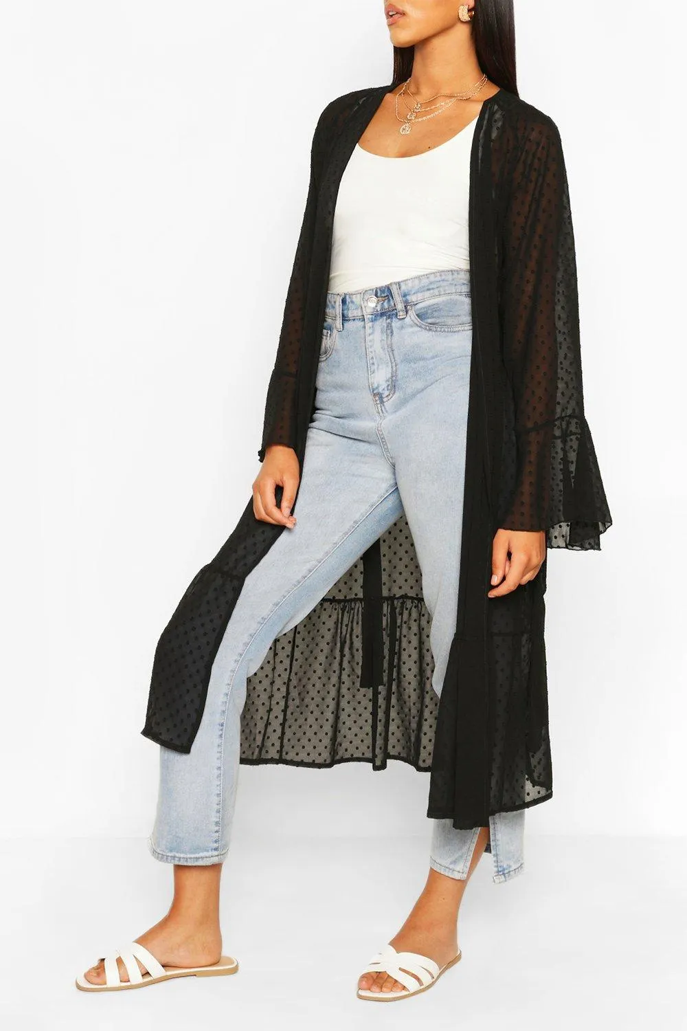 Dobby Ruffle Maxi Kimono