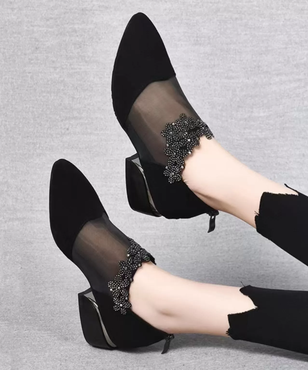 Fashion Black Suede Tulle Splicing Zircon High Heels SL1001