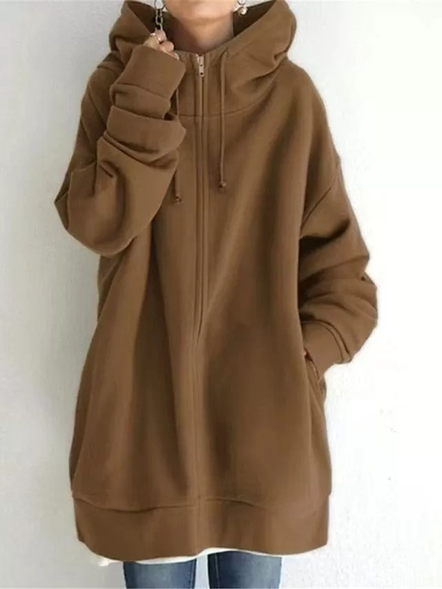 Ladies' Warm Hoodie Jacket with Long Coat and Pockets