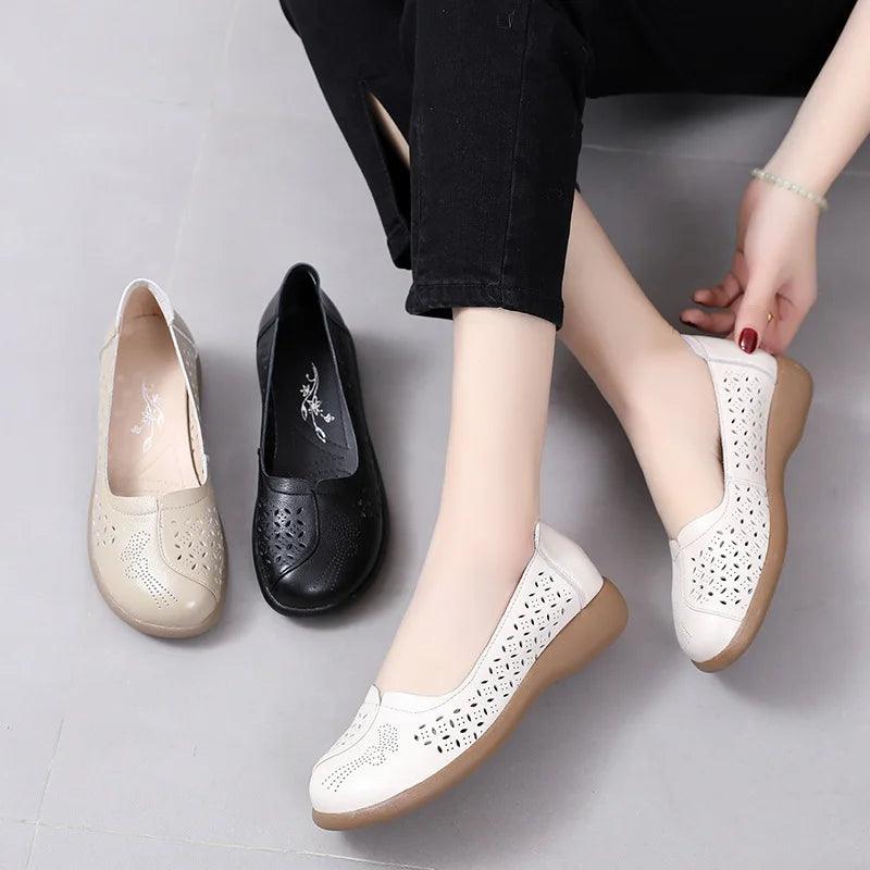 LFN2306 Hollow Leather Flats Loafers: Women's Casual Shoes