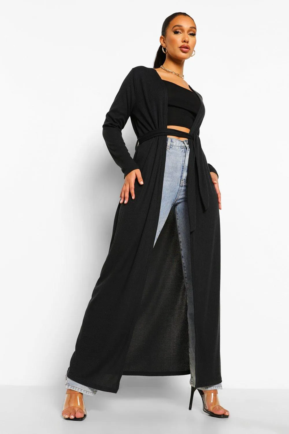 Maxi Length Belted Rib Kimono