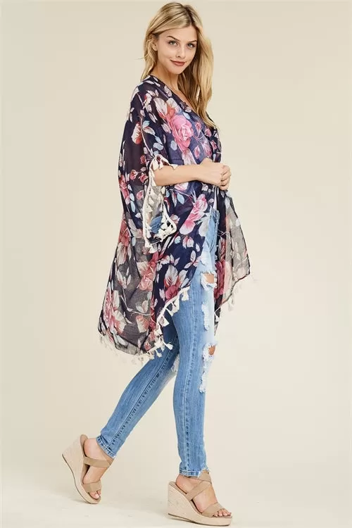 Navy Floral Tassel Kimono