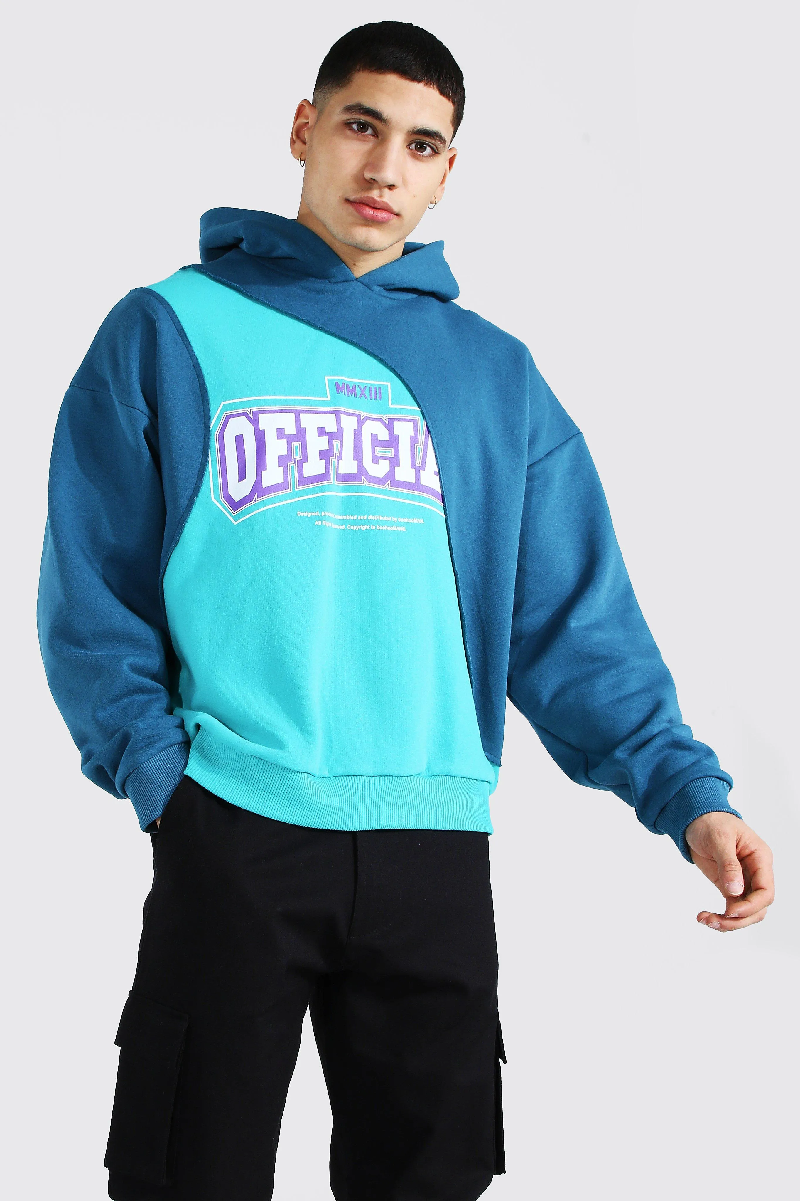 Oversized Official Print Spliced Hoodie | boohooMAN UK