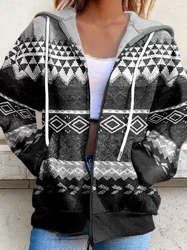 Oversized Tribal Print Women's Zip-Up Hoodie Sweatshirt with Front Pocket