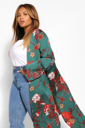 Plus Floral Satin Midi Kimono