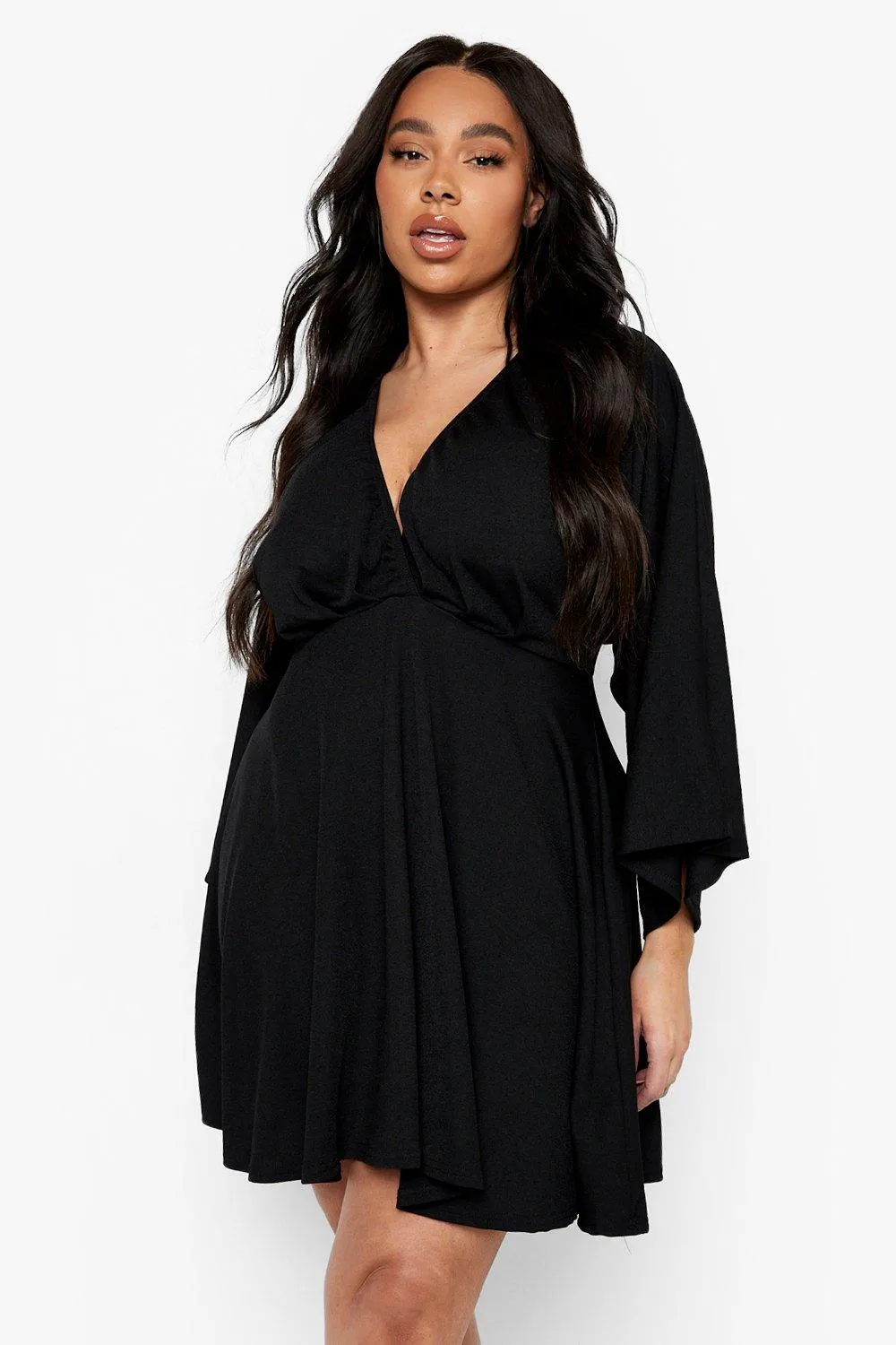 Plus Plunge Kimono Sleeve Skater Dress