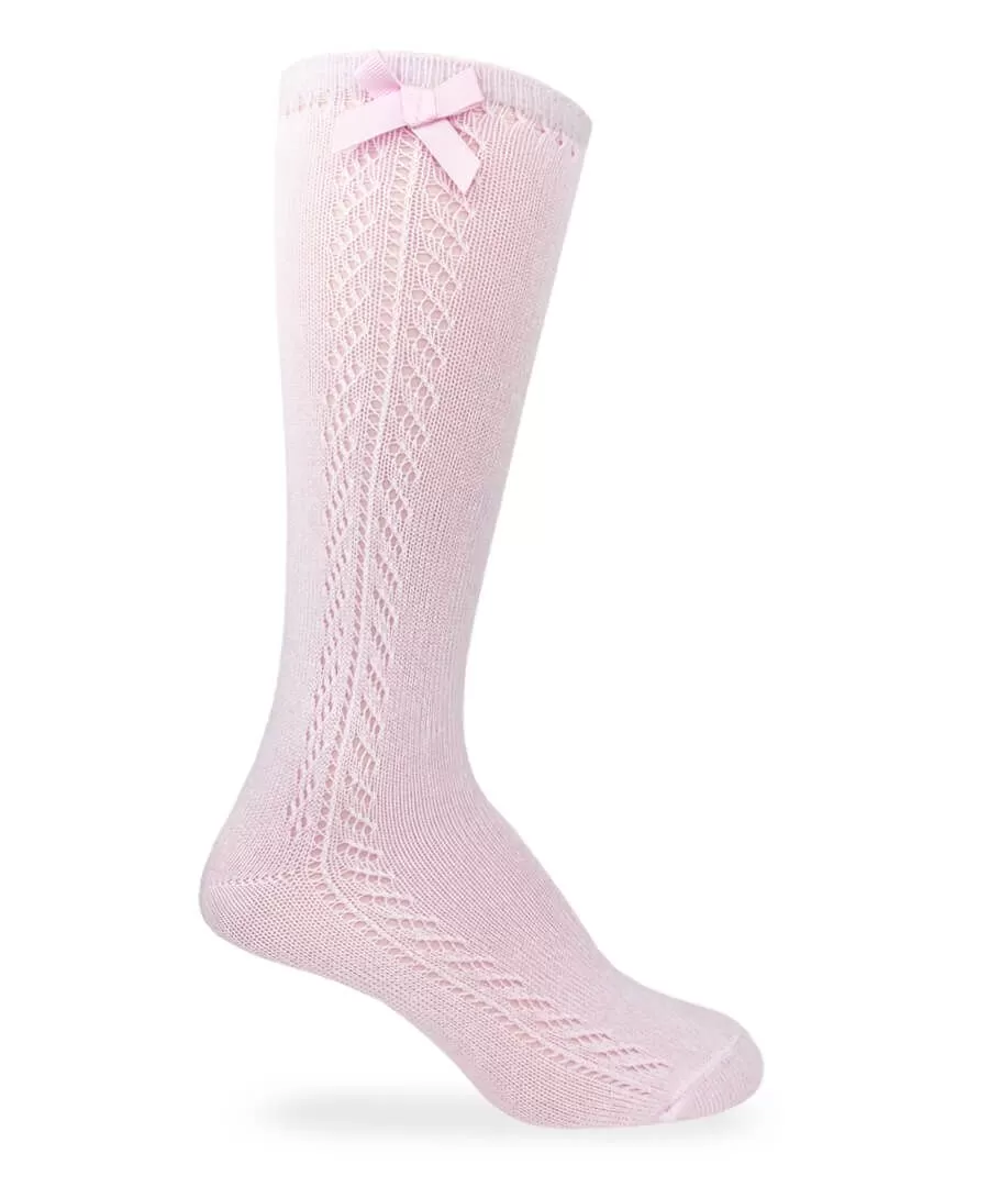 Pointelle Bow Knee High Socks - Pink