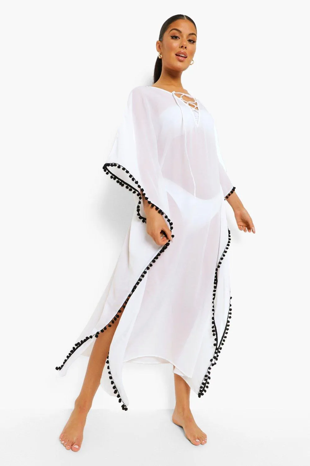 Pom Pom Split Sides Beach Kimono