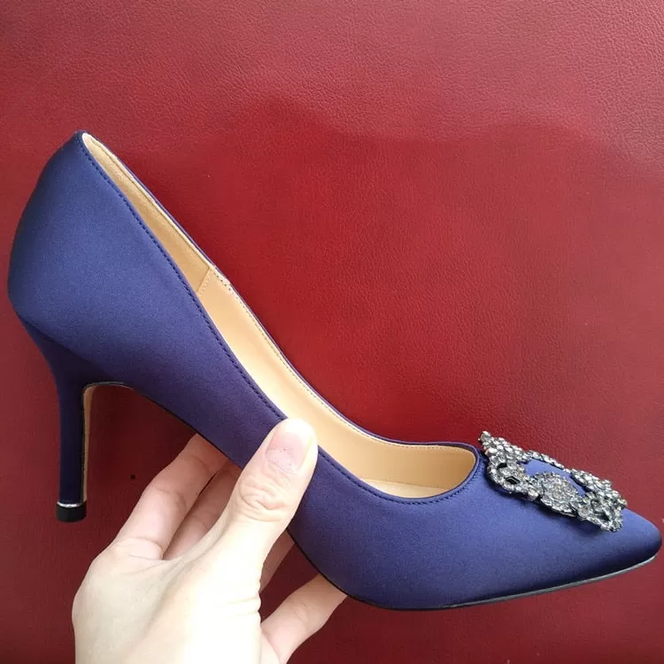 Satin Rhinestones High Heels Buckle  Pump