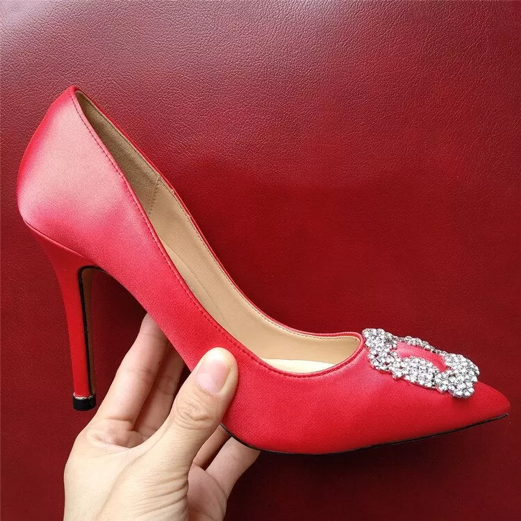 Satin Rhinestones High Heels Buckle  Pump