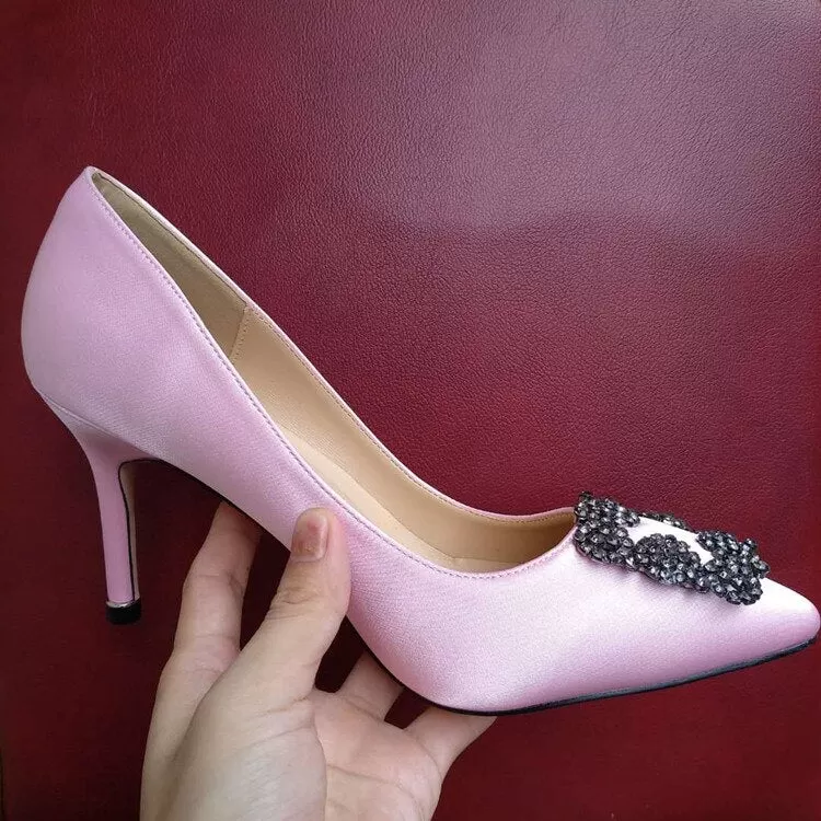 Satin Rhinestones High Heels Buckle  Pump