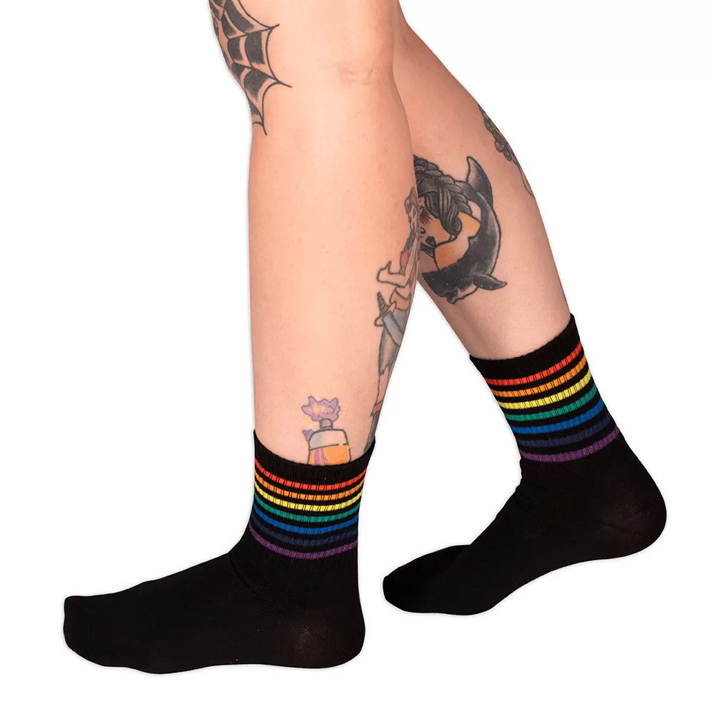 Socks - Black Crew Tube Socks W/ Rainbow Stripe Sv