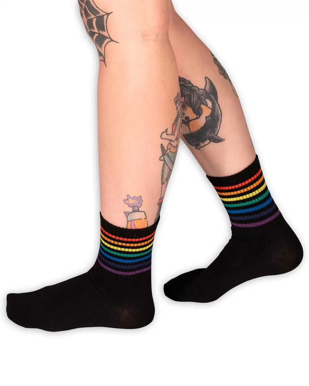 Socks - Black Crew Tube Socks W/ Rainbow Stripe Sv