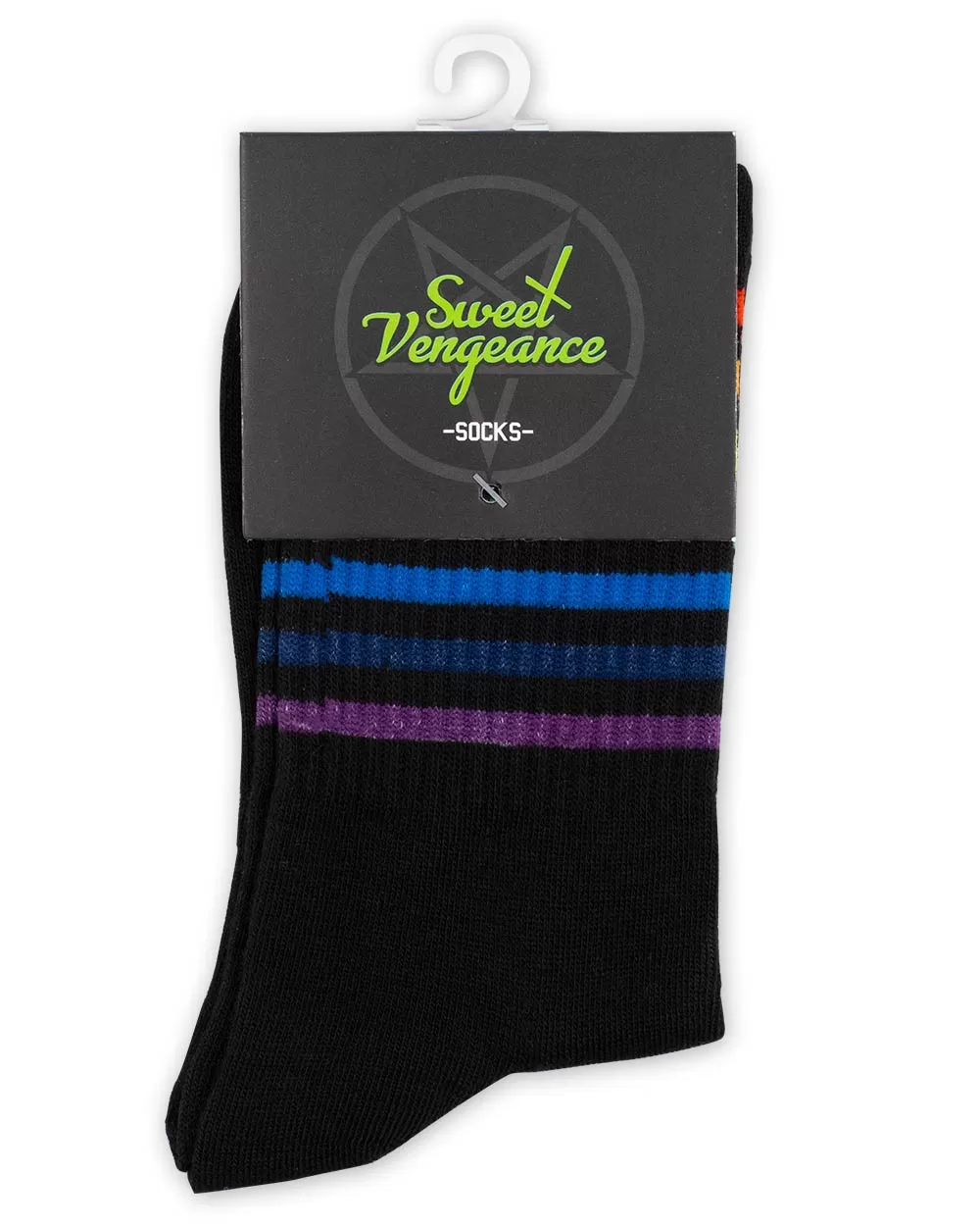 Socks - Black Crew Tube Socks W/ Rainbow Stripe Sv