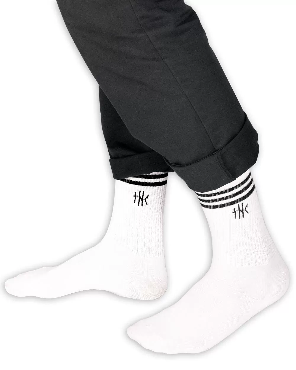 Socks - Calf High Tube Socks Thc Embroidery White W/ Black Stripe