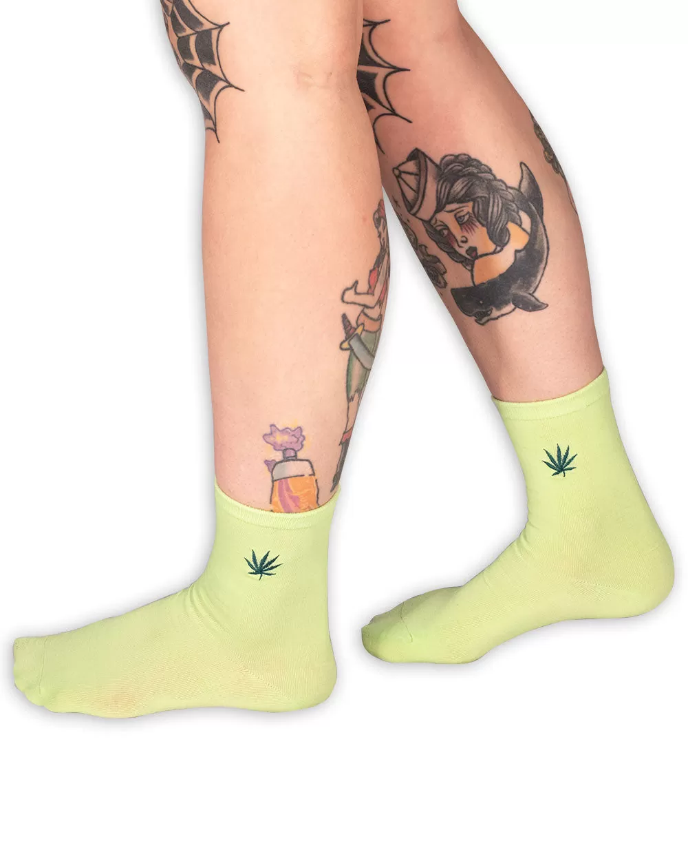 Socks - Calf Socks Light Green W/ Leaf Emb Sv