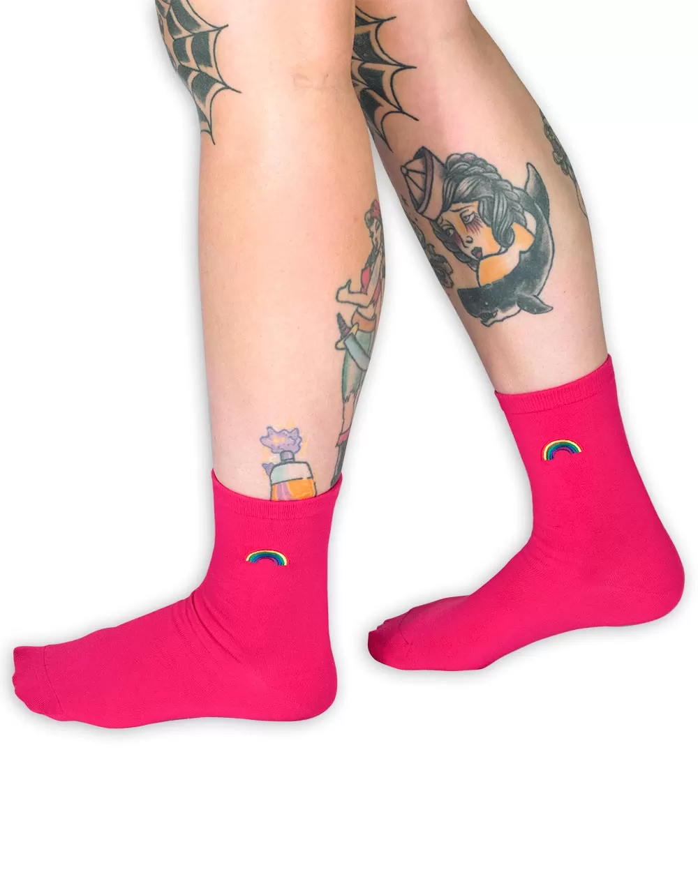 Socks - Calf Socks Pink W/ Rainbow Emb Sv