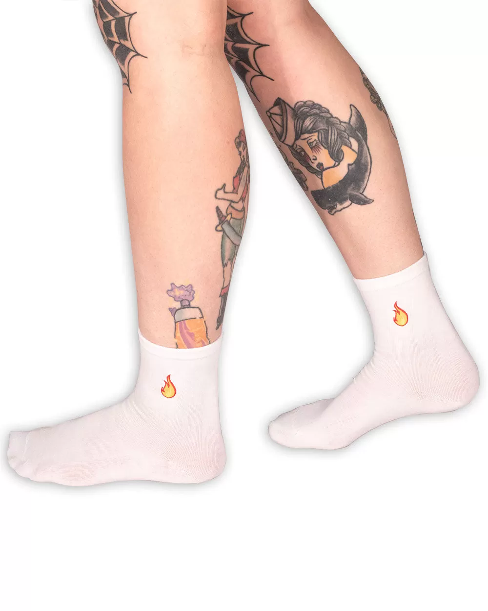 Socks - Calf Socks White W/ Flame Emb Sv