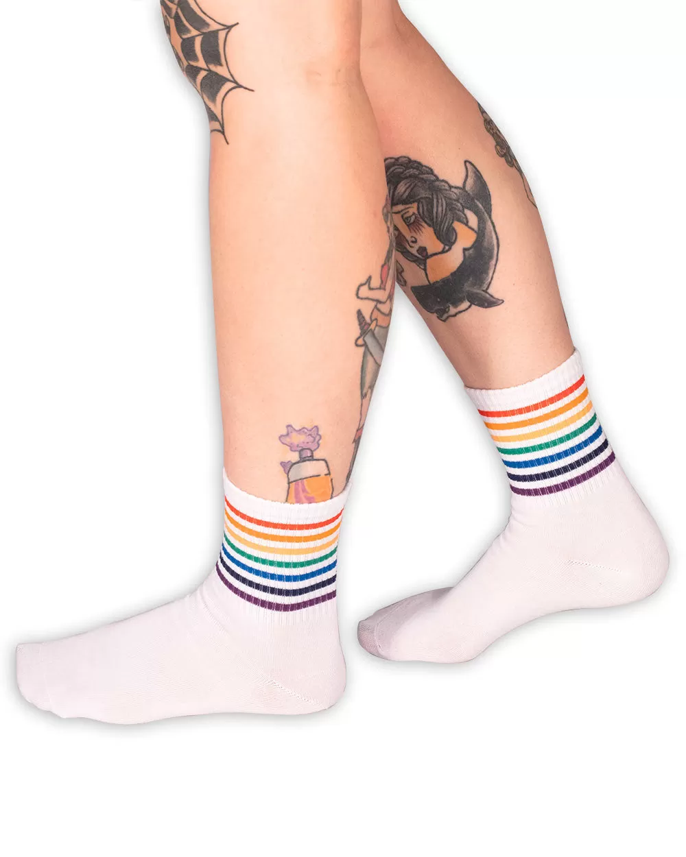 Socks - White Crew Tube Socks W/ Rainbow Stripe Sv