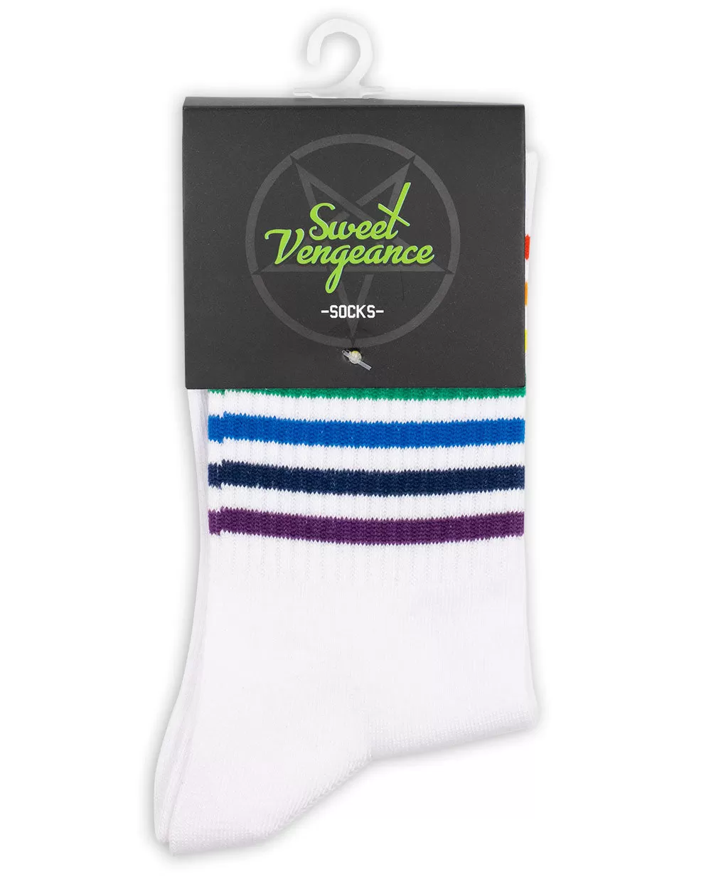 Socks - White Crew Tube Socks W/ Rainbow Stripe Sv