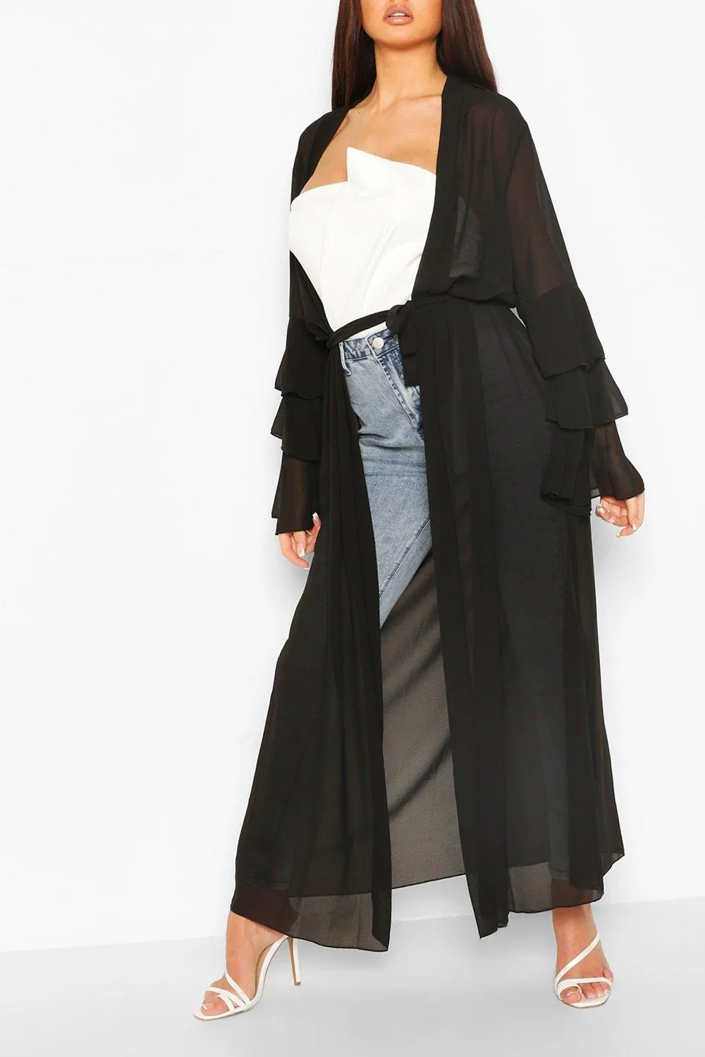 Tiered Sleeve Maxi Belted Kimono