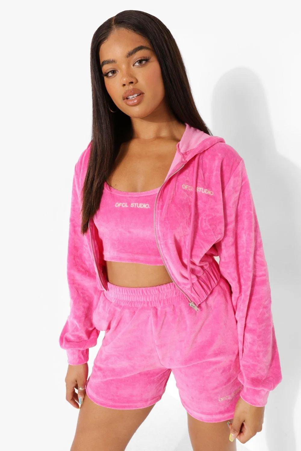 Velour Cropped Zip Through Hoodie