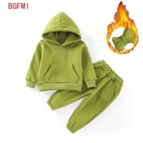 Winter Baby Unisex Warm Casual Cotton Sweatshirt Boy Girl Children's Set Fleece Suit Boys Sweater Hoodie + Pants Thick Sets X475