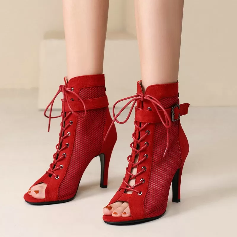 Women's Sexy Mesh Red Jazz Dancing Short Zipper High Heel Boot Shoes