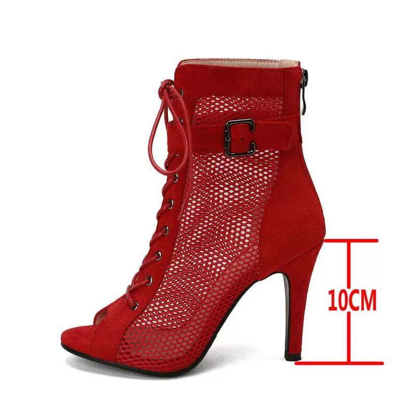 Women's Sexy Mesh Red Jazz Dancing Short Zipper High Heel Boot Shoes