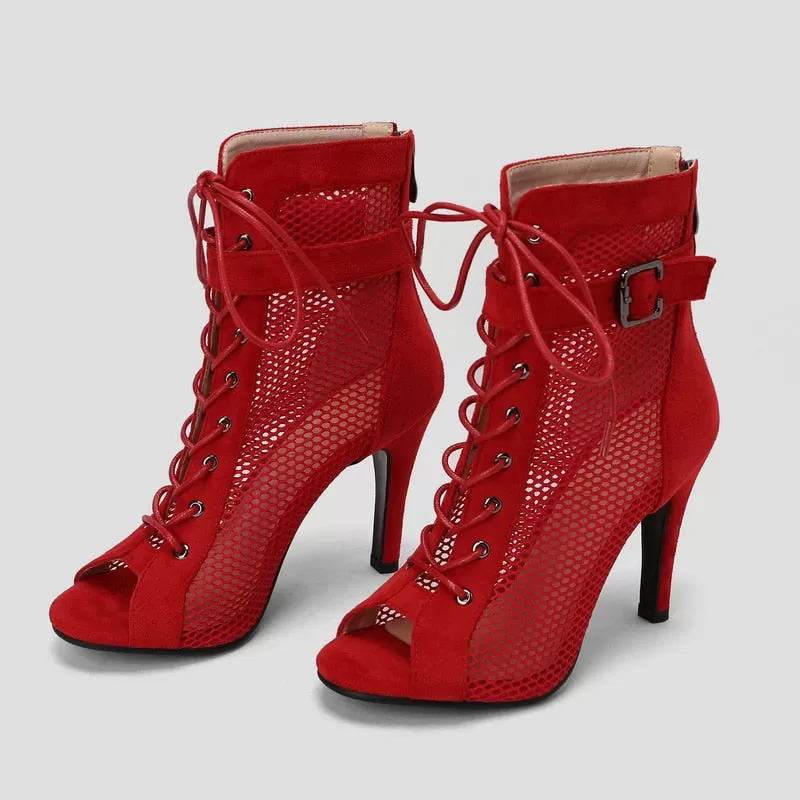 Women's Sexy Mesh Red Jazz Dancing Short Zipper High Heel Boot Shoes