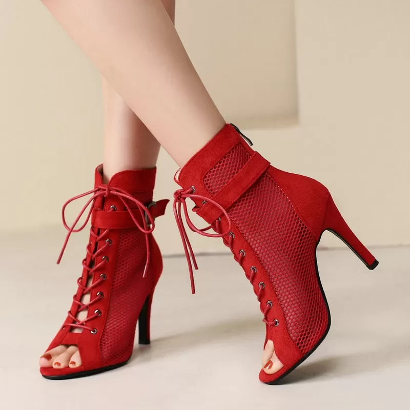 Women's Sexy Mesh Red Jazz Dancing Short Zipper High Heel Boot Shoes