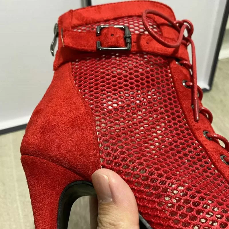 Women's Sexy Mesh Red Jazz Dancing Short Zipper High Heel Boot Shoes