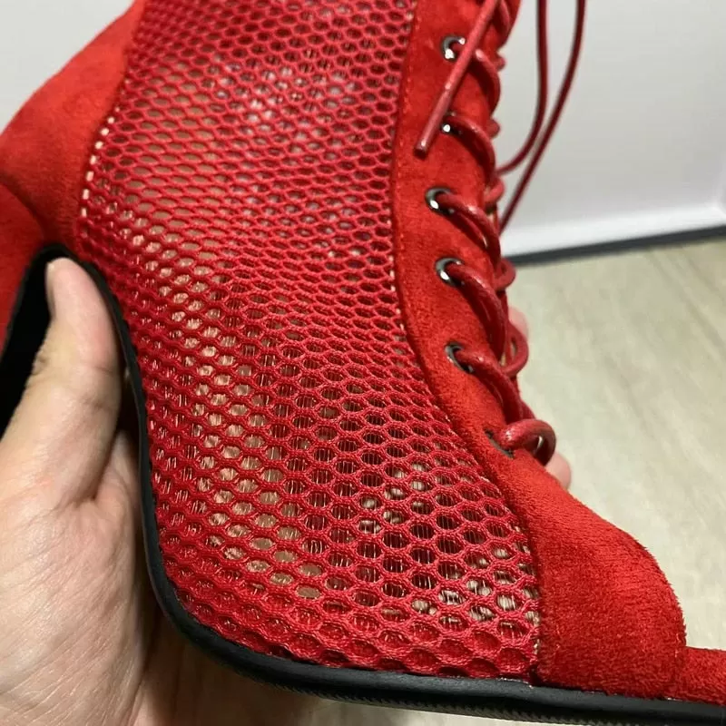 Women's Sexy Mesh Red Jazz Dancing Short Zipper High Heel Boot Shoes