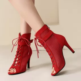 Women's Sexy Mesh Red Jazz Dancing Zipper High Heel Boot Shoes