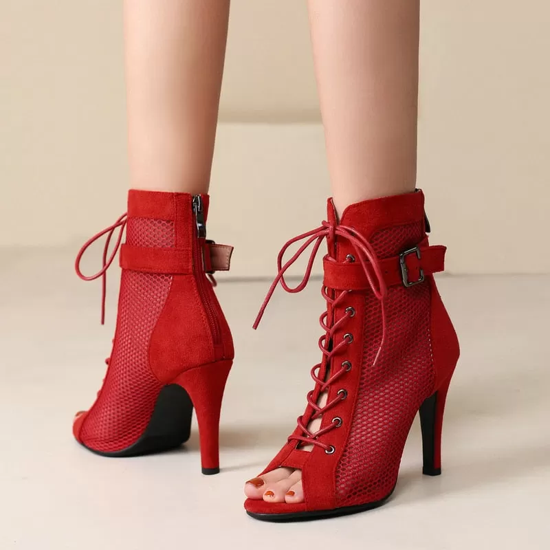 Women's Sexy Mesh Red Jazz Dancing Zipper High Heel Boot Shoes