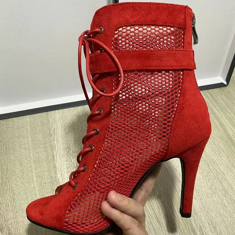 Women's Sexy Mesh Red Jazz Dancing Zipper High Heel Boot Shoes