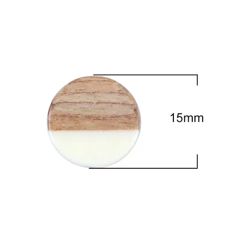 Wooden Charms, Flat, Round, Walnut Wood, Ivory, Resin, 15mm