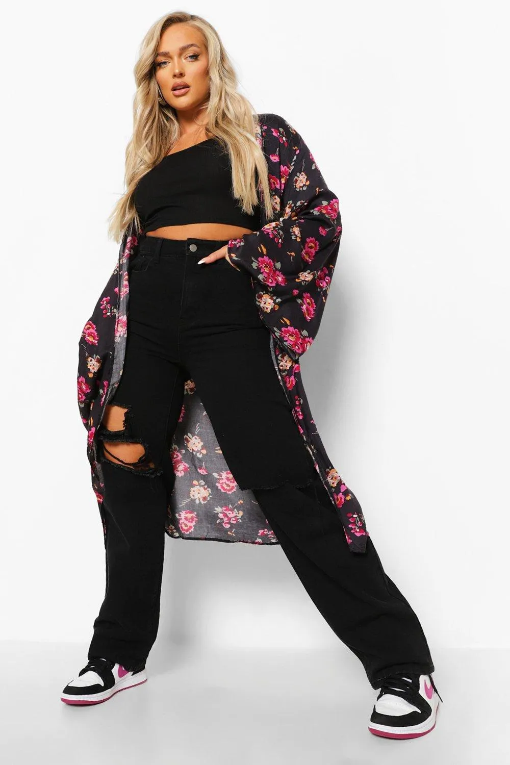 Woven Floral Print Wide Sleeve Kimono